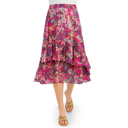 Tiered Ruffle Floral Print Woven Knee Length Midi Skirt