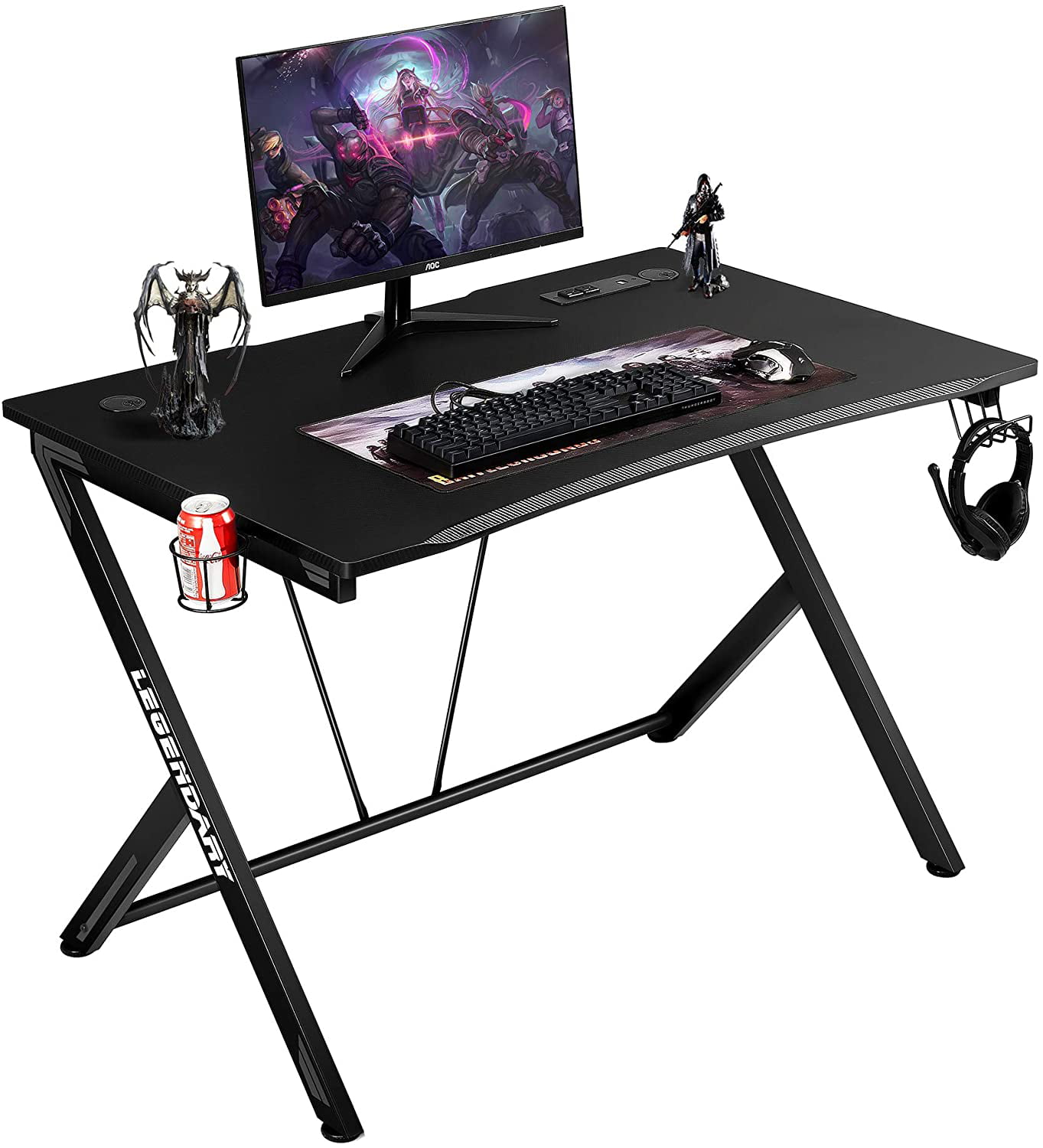 Cable Management Home Office Gamer Table Workstation with Cup Holder Carbon Fiber Surface Headphone Hook HOMCOM 47 inch Gaming Computer Desk 