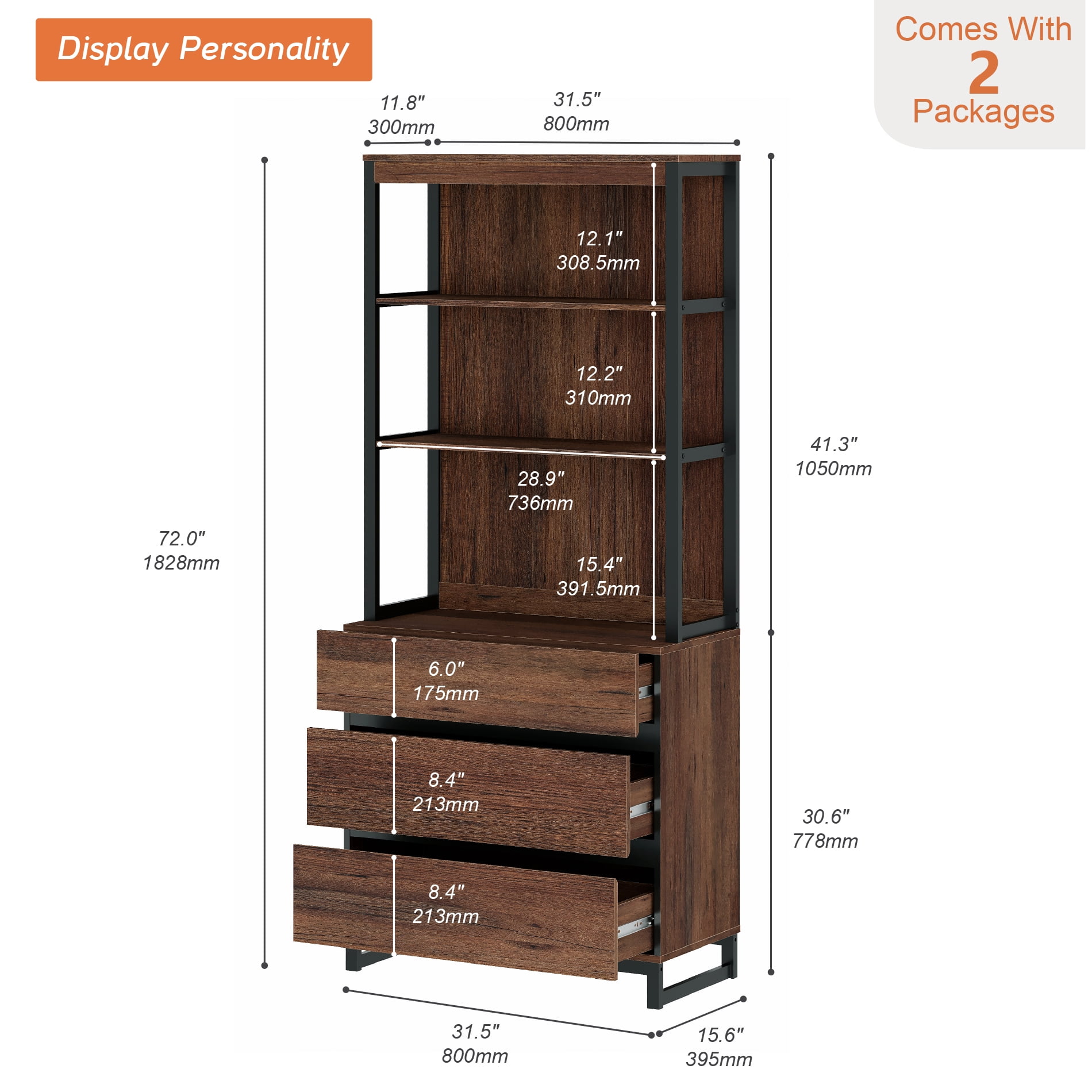 WAMPAT Modern 72" Tall Bookcase with 3 Drawers and Open Book Shelfs, Library Book Shelf with Storage Cabinet, Wood Freestanding Bookshelf for Home Office, Living Room,Brown