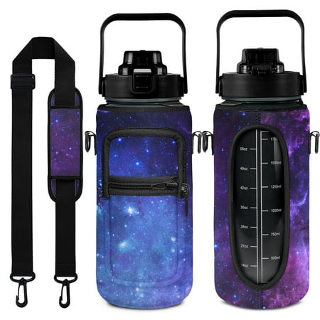 

Geometric Starry Sky Blue 64 Oz Half Gallon Water Bottle with Sleeve - BPA Free Leakproof Sport Large Plastic Water Bottle with Straw Strap & Insulated Neoprene Holder Carrier Bag Gift for Women