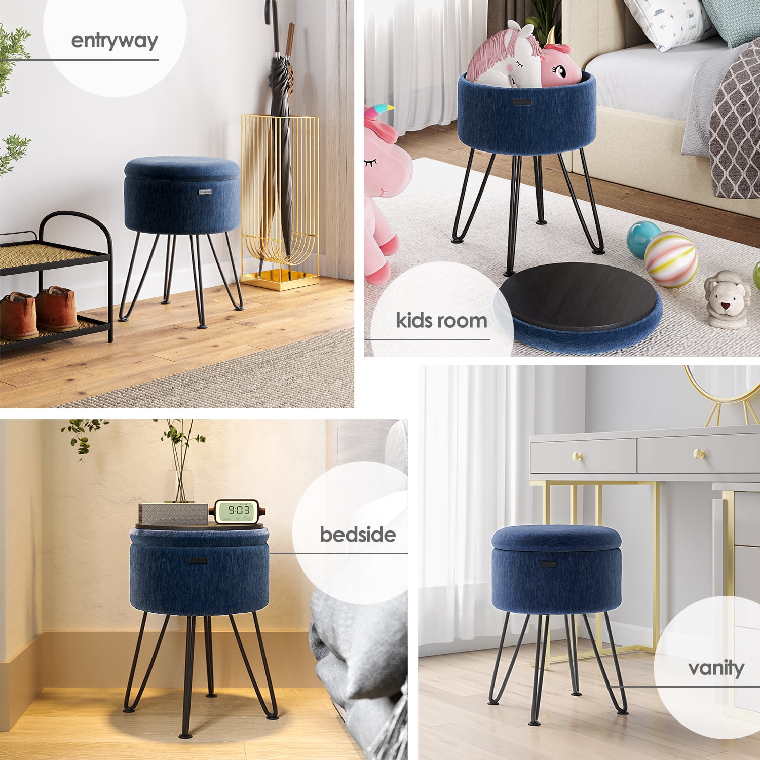Hearth & Harbor Round Ottoman with Storage, Luxurious Foot Stool and Chic Vanity Stool with Storage, Elegant Textured Velvet Blue