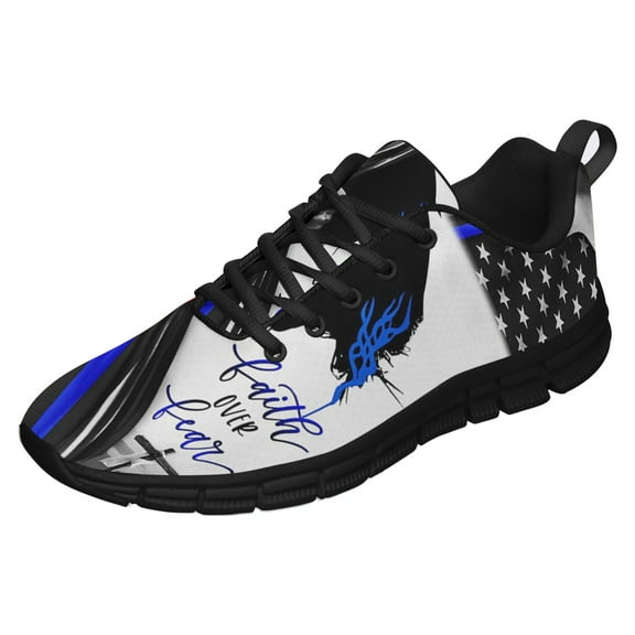 Faith Over Fear Thin Blue Line Running Shoes Sneakers Mesh Black Size 3.5