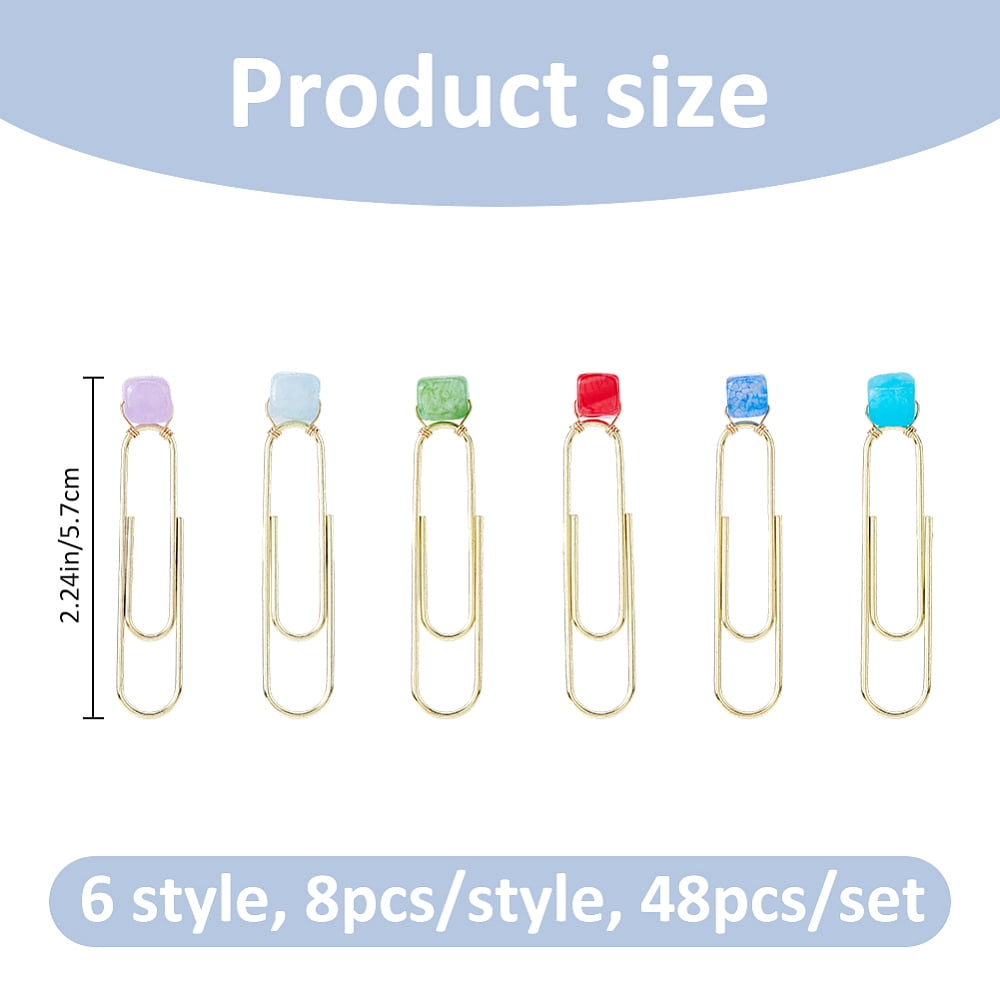 48Pcs 6 Style Metal Paper Clips with Natural White Jade & Natural Agate Cube Mixed Color 57mm 8pcs/style