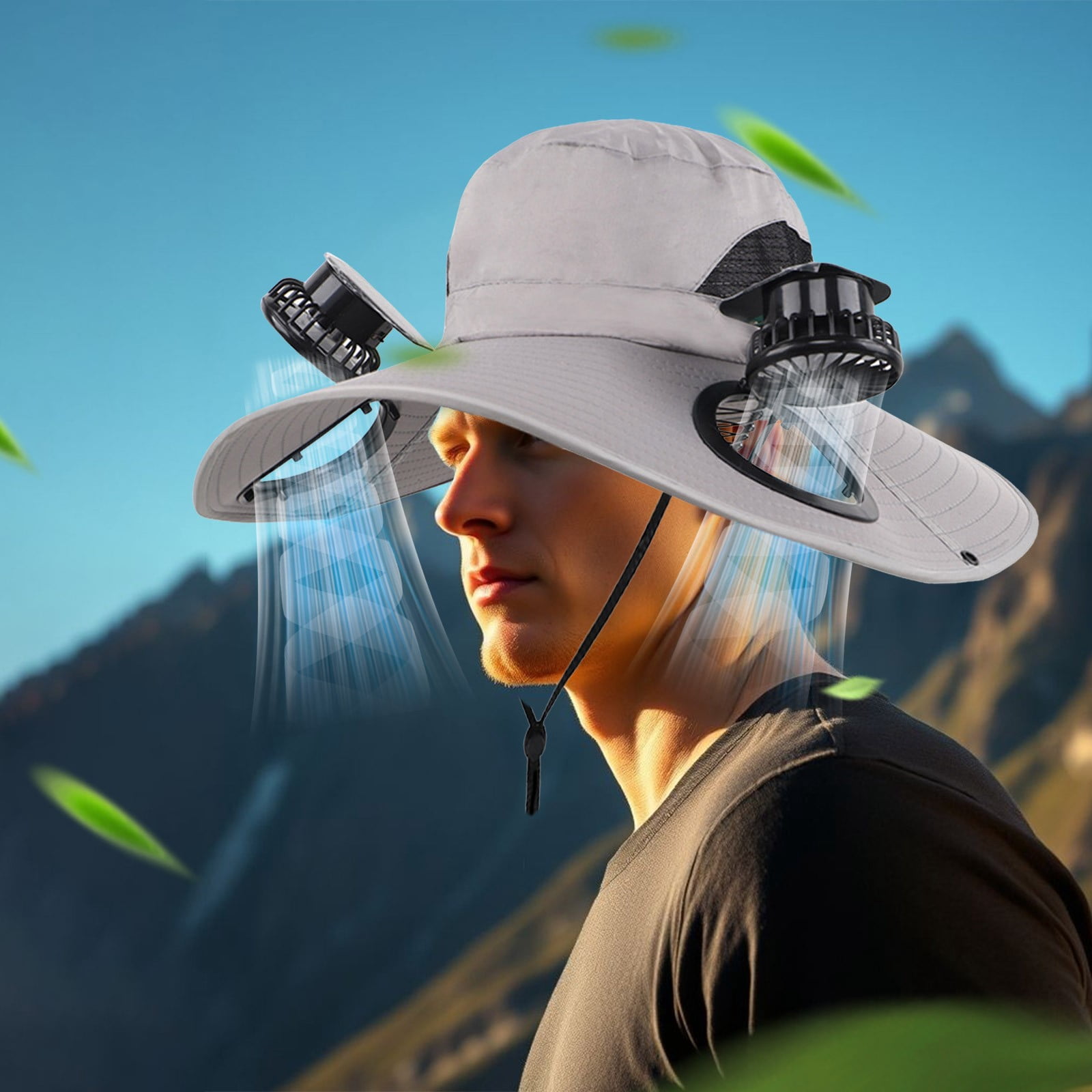 Qocolhg Wide Brim Solar Fan Hat,Fishing Hat with 2 Solar Fan, 3 Speed Solar Powered Fan Hat,Outdoor Sun Hats for Men Women Hat with Fan Built in, Gray