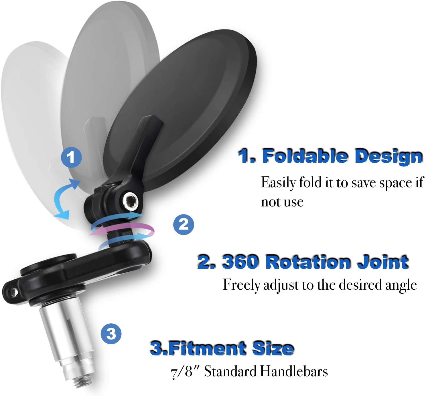Trkimal Universal Motorcycle Mirrors Handle Bar Rear View Blue Mirrors - 3 Inch Round Folding Bar End Side Mirror Anti-Glare Compatible with Street Bikes Sports Scooter Chopper Cruiser