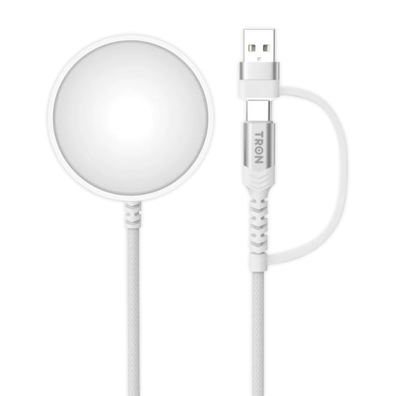 TRON Magnetic Wireless Charger for iPhone, 15W Fast Charging Pad with USB-A and USB-C Plug, Slim Travel Magnetic Charging Puck, for iPhone 17 16 15 14 13 12 and Qi phones, White, 4.7ft Cable