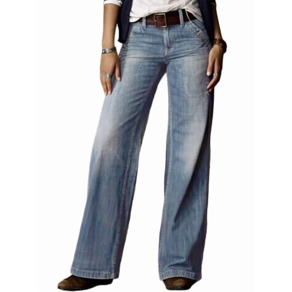 Wide Leg Jeans for Women Mid Waist Baggy Denim Washed Pants Without Belt Light Blue S