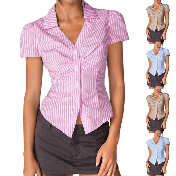 Ichuanyi Women's V-neck Striped Plaid Button Shirt Short Sleeve Casual Loose Versatile Blouse Tops