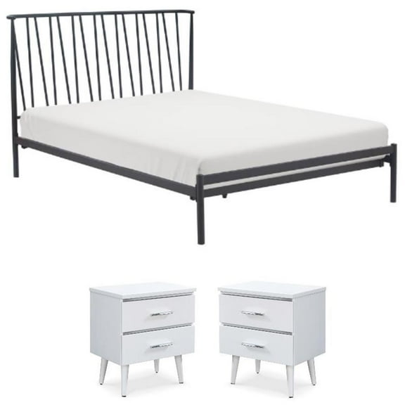 Home Square 3-Piece Set with 2 Side Tables and Metal Queen Bed in White & Black