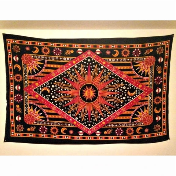 Twin Psychedelic Celestial Burning Sun Moon Planet Bohemian Tapestry Wall Hanging Dorm Decor Boho Tapestries Hippie Hippy Yellow Red Tapestry Beach Coverlet 30x40in
