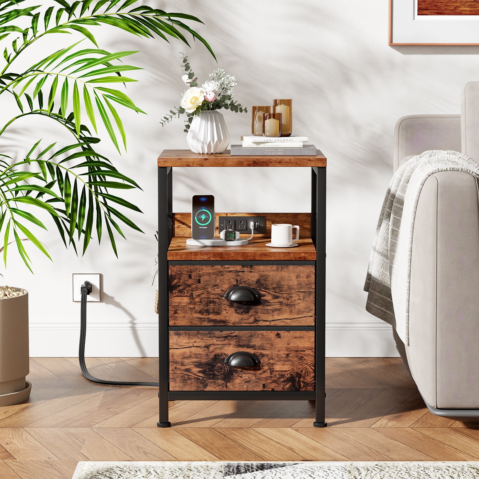 Satifur Nightstand with Charging Station, Bedside End Table with Fabric Drawers,Outlets & USB Ports, Rustic Brown,Set of 2