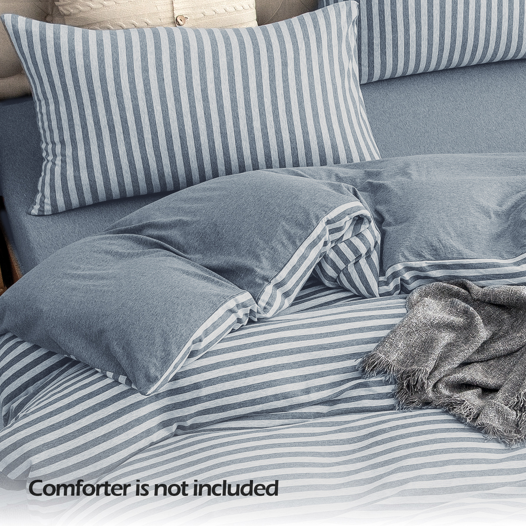 PURE ERA Jersey Knit Duvet Cover Set 100% T-Shirt Heather Cotton Super Soft Striped Design, with Zipper Closure, Blueish Grey Stripe, Queen