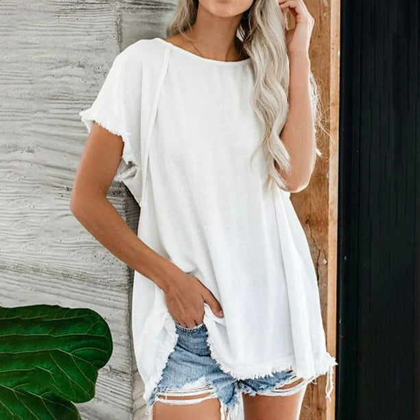 Tops Para Mujer Blusas Casuales Elegantes Camisas Blusa de Manga Corta Con Cuello Redondo Y Borlas Lisas A La Moda Odeerbi ODB155240 Walmart en linea
