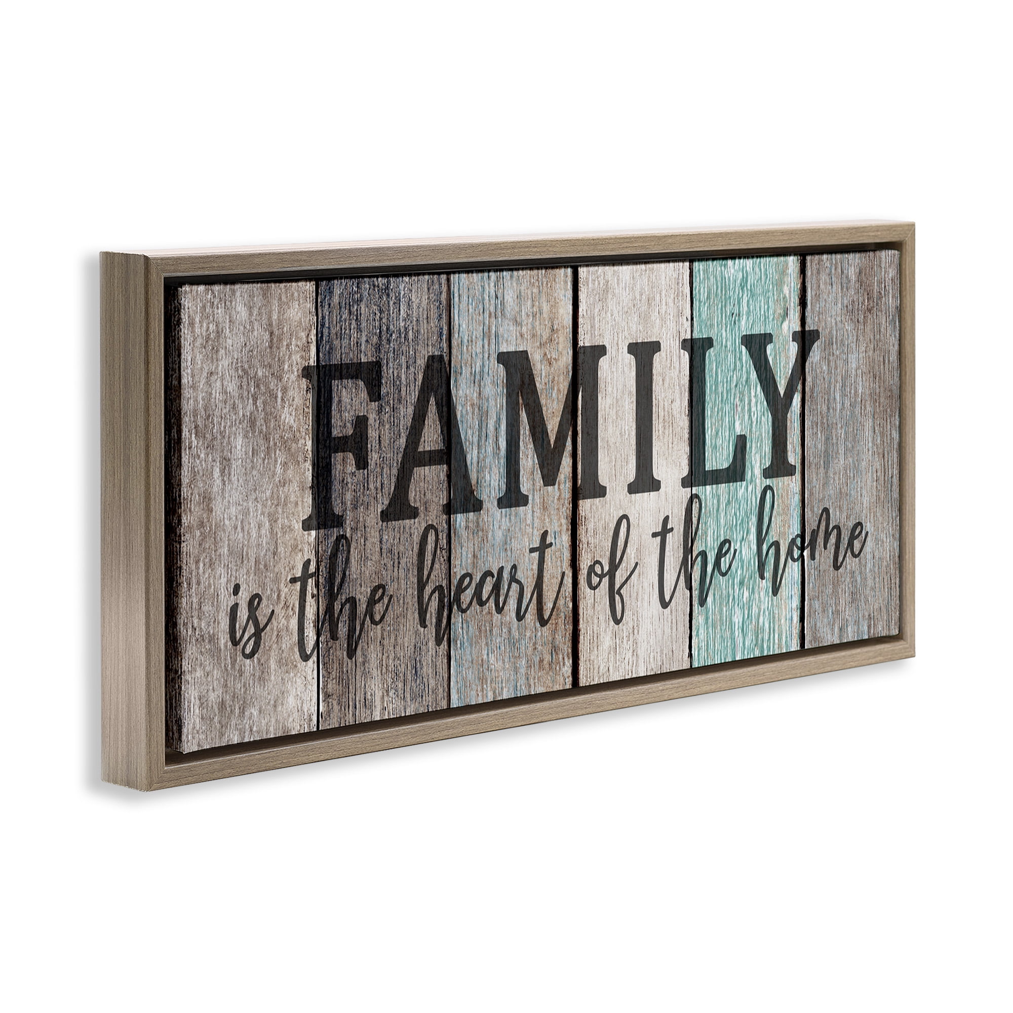 Stupell Industries Family is Heart of Home Quote Inspirational Painting Brown Floater Framed Canvas Art Print Wall Art, 25 x 11