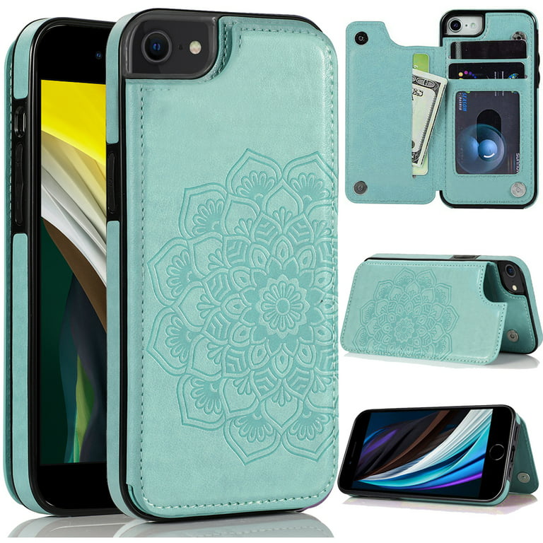 For Iphone 14 Plus Luxury Side Magnetic Button Card Id Holder Pu Leather  Case Cover - Teal Mandala Flower