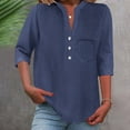 thumbnail image 2 of Ashyfjp Womens Tops Fashion Loose-Fit Solid-Color Elbow Sleeve V-Neck Button-Down Shirt Top with Pockets, Navy, M, 2 of 7