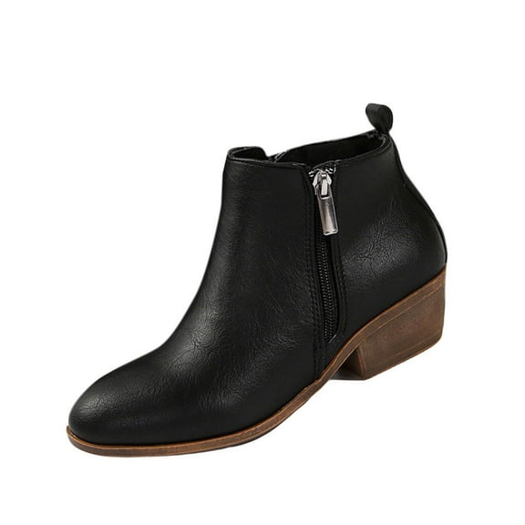 Black Side Zipper Ankle Boots For Women Round Toe Thick Heel Mid Heel Design Casual Winter Wear