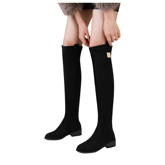 Oyedens Womens Knee High Boots Black Suede Low Heel Pointed Toe Winter Fall Dress Long Boots for Wedding