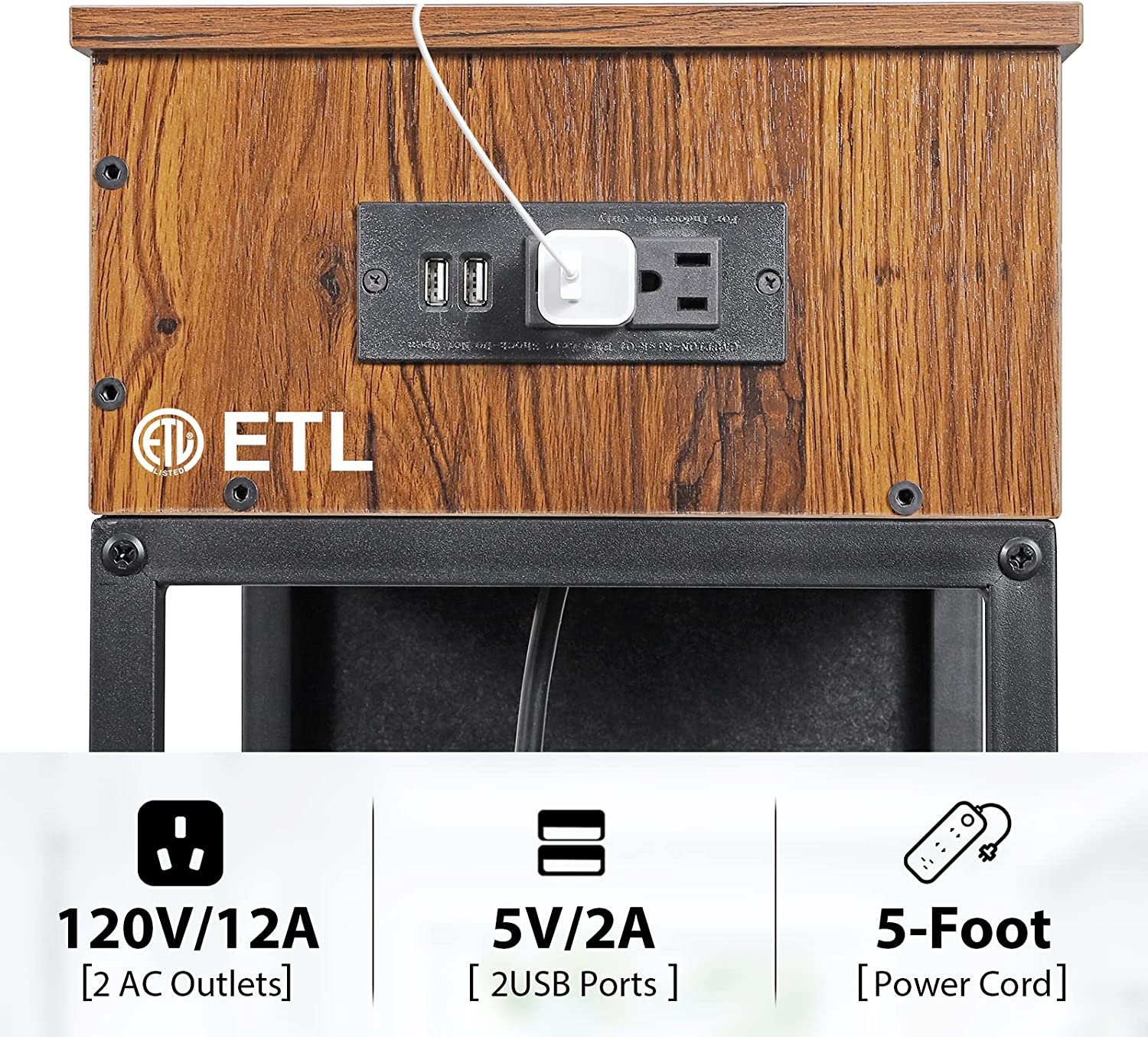 Oumilen Western Home 25.2" End Table with Charging Station, Rustic Walnut Wood
