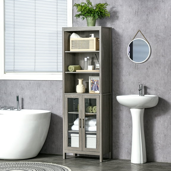 kleankin Tall Bathroom Storage Cabinet with 3 Tier Shelf, Glass Door Cabinet, Freestanding Linen Tower with Adjustable Shelves, Grey Wood Grain