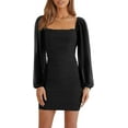 thumbnail image 1 of HAHDAXIA Women's Mesh Long Sleeve Square Neck Ruched Party Club Cocktail Bodycon Mini Dress, 1 of 6