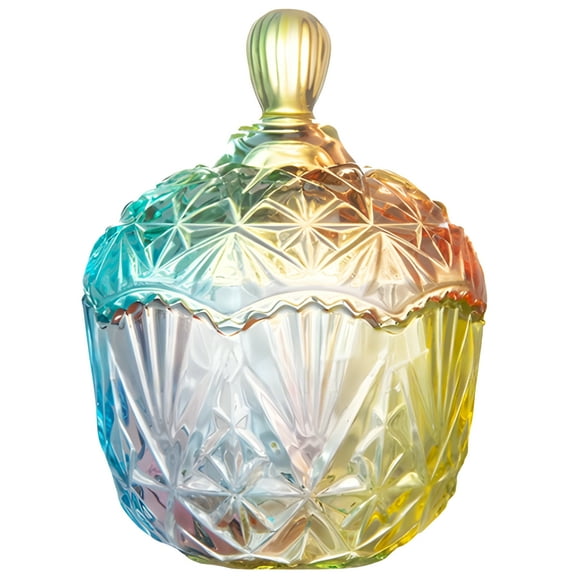 Glass Candy Jar with Lid, 650ml Capacity, Rainbow Gradient Design, Large Crown Shaped, Elegant Glass Storage Jar for Candy Buffet, Weddings, and Home Décor
