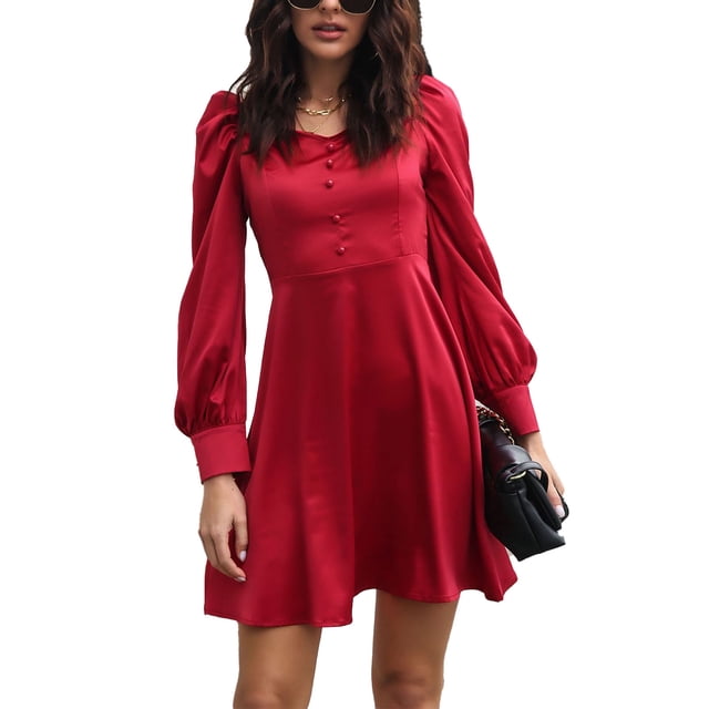 Vestido Con Mangas Abullonadas, Botón De Vestido Con Cuello En V Color Puro De Moda Cómodo Para El Trabajo Para Mujeres Para Citas ANGGREK Vino Tinto S