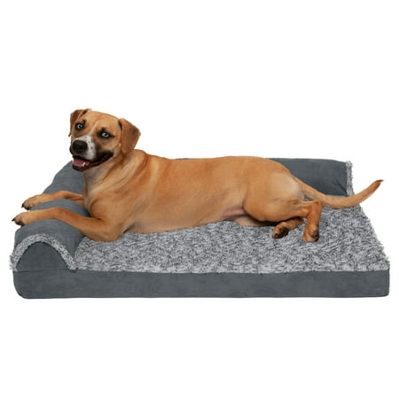 UPC: 0842229107548 | FurHaven Pet Products Two-Tone Faux Fur & Suede Cooling Gel Top Deluxe L-Chaise Pet Bed for Dogs & Cats – Stone Gray Large