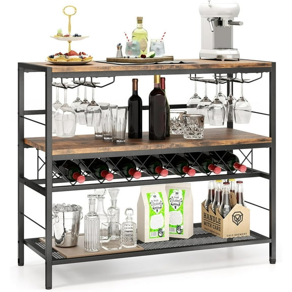 Hyxoo 4-Tier Wine Rack Table - 7-Bottle Wine Bar Cabinet w/ 4 Wine Racks & 16 Glasses Holder, Metal Liquor Wine Storage Shelf, Industrial Wine Rack Freestanding Floor for Kitchen, Rustic Brown