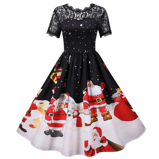 Jsaierl Robes de Noël pour Femmes 2024 Élégantes Décontractées Manches Courtes Robe en Dentelle Robe de Cocktail à Volants