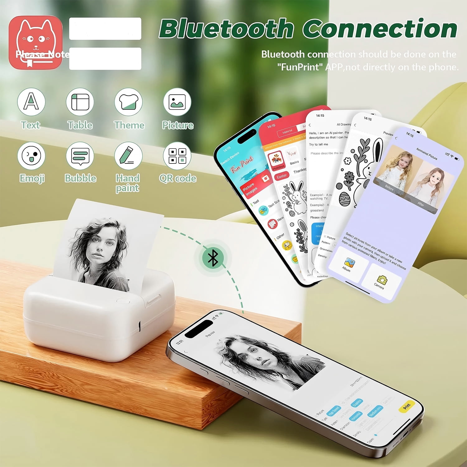 Sticker Printer,Portable Printer Mini Thermal Printer, Inkless Bluetooth Pocket Label Maker with 13 Rolls Print Paper,6 Colored pens,Multiple Templates for Notes Journal Memo Photo Study
