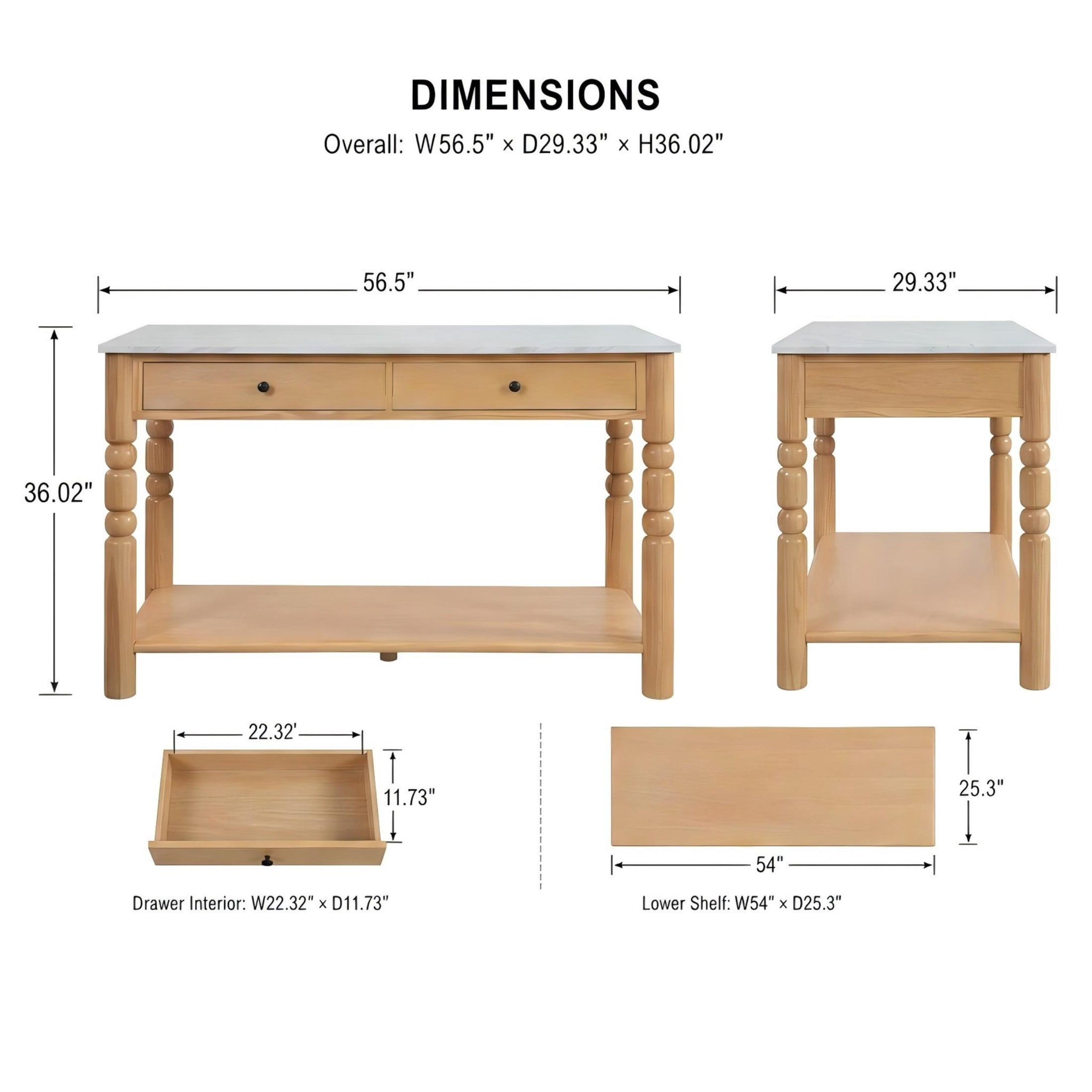 Christopher Knight Home 56.5" Farmhouse Kitchen Island with 4 Drawers, Marble-Look Top, Natural Wood