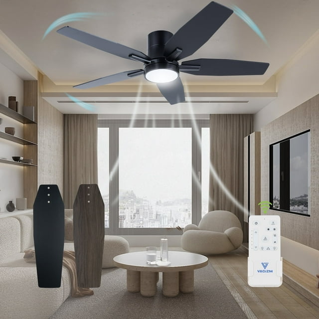 Vagizm Ventilador de Techo Empotrado de 52 Pulgadas con Luz - Ventilador de Techo de 5 Aspas para Sala de Estar y Recámara - 5000 CFM - Motor CC Silencioso - Regulable - Función Reversible - Negro