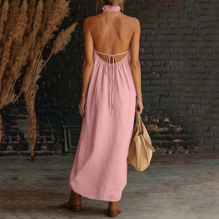 plus size backless maxi dress Guieoi Womens Dresses Plus Size Halter-Neck Pocket Pleated Backless Maxi Dress, Women's, Size: Small, White