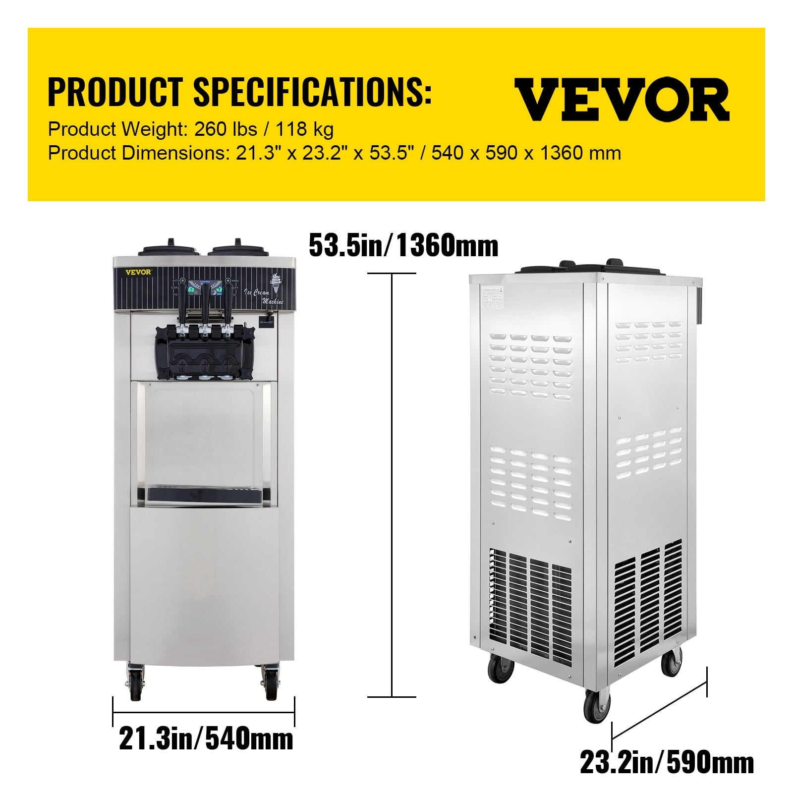 VEVOR Commercial Soft Ice Cream Machine, 2200W Serve Yogurt Maker, 3 Flavors Ice Cream Maker, 5.3 to 7.4 Gallons per Hour Auto Clean LCD Panel