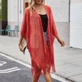 thumbnail image 3 of Eoperou Summer Women Sunscreen Shawl Faux Pearl Decorative Tassel Hem Cardigan Solid Color Front Placket Beach Shawl, 3 of 7