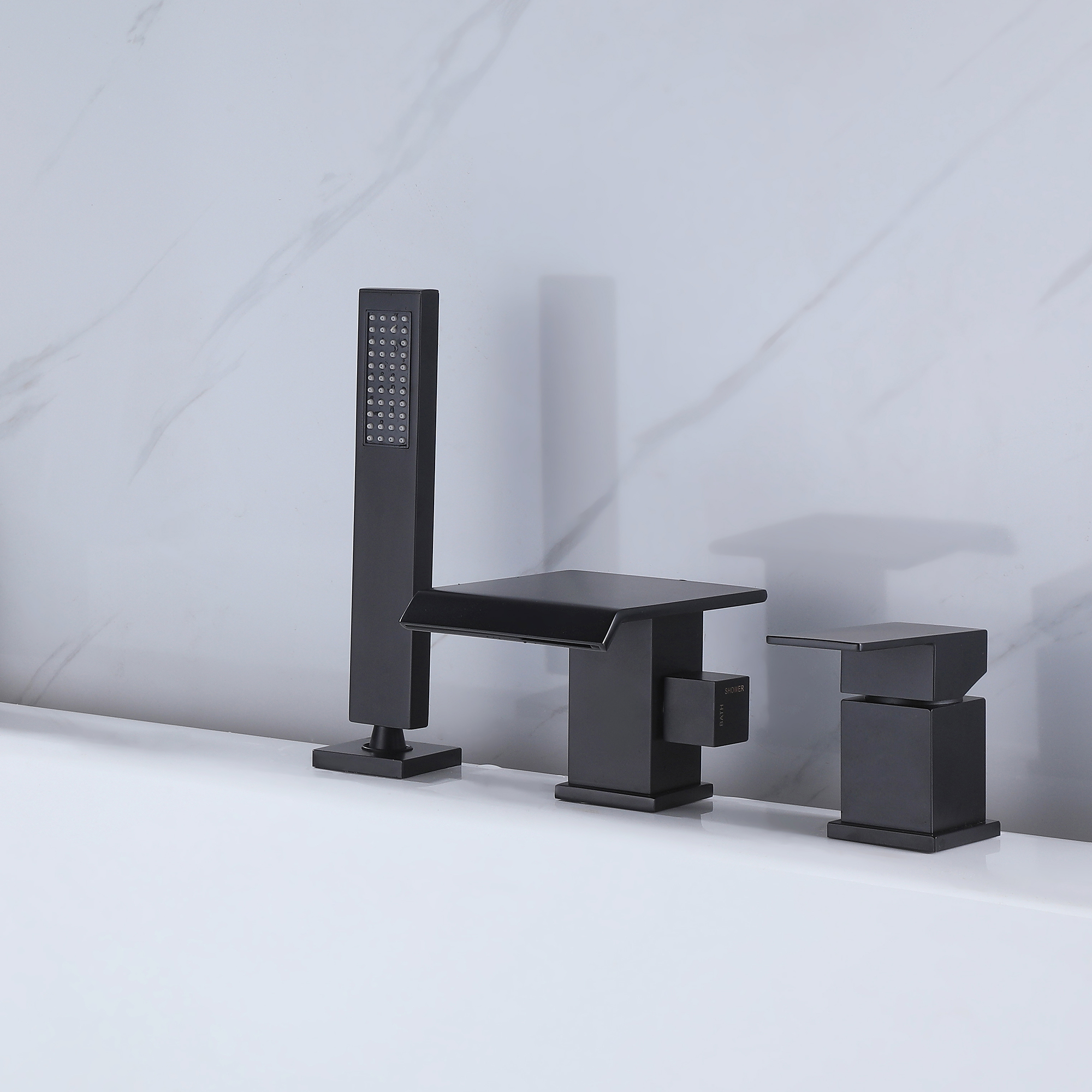 Three Holes Deck Mounted Roman Bathtub Faucet with Hand Shower, Widespread Waterfall Tub Filler