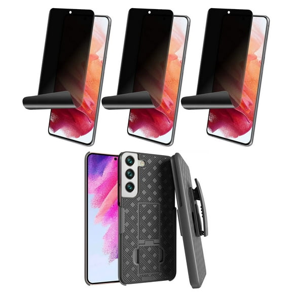 Belt Clip Case and 3 Pack Privacy Screen Protector for Samsung Galaxy S22 - Swivel Holster TPU Film Kickstand Cover Anti-Peep Anti-Spy