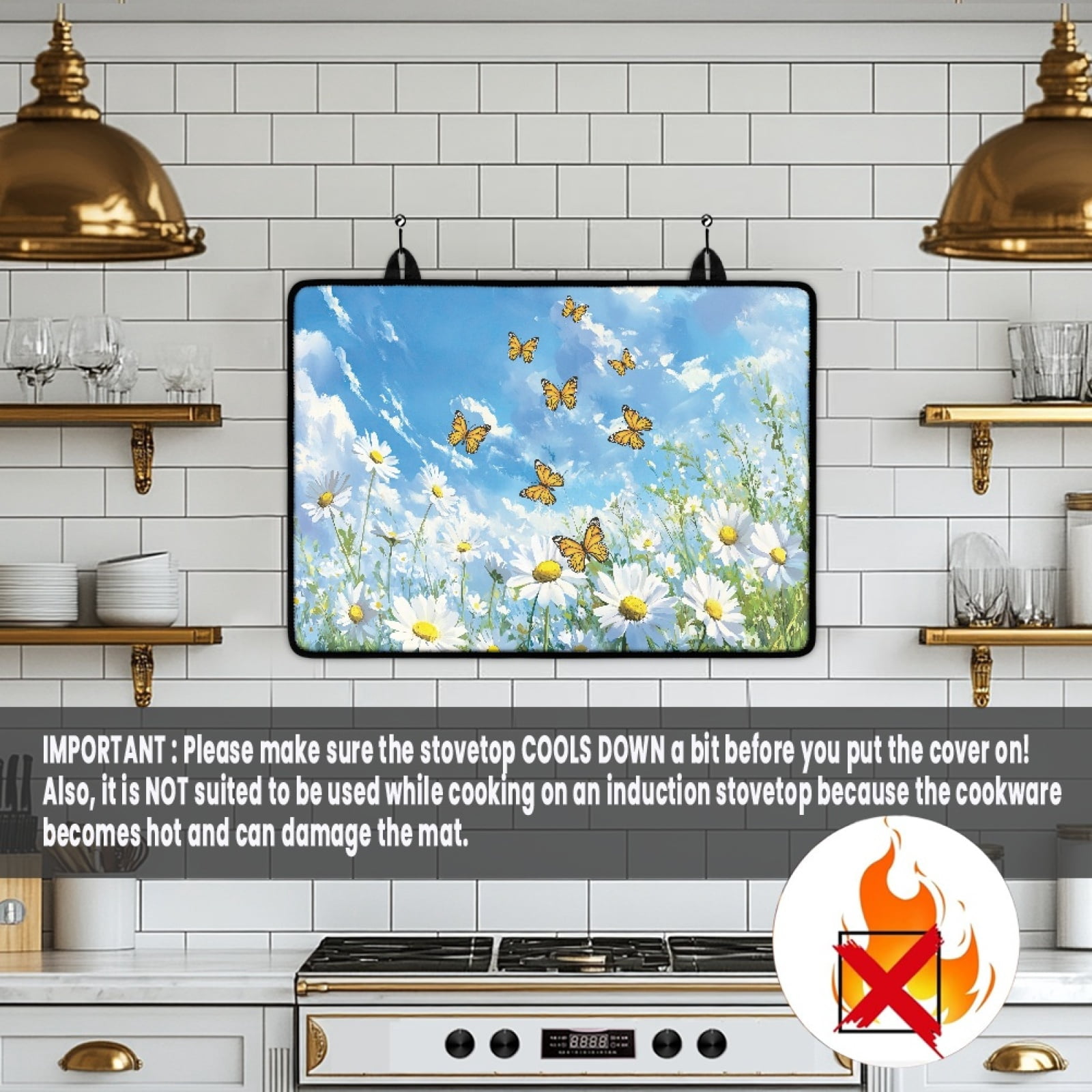 Renewold Stove Top Cover for Electric Stove, Non-skid Glass Electric Stove Top Mat, Induction Electric Stove Top Protector for Kitchen Counter Top, Butterfly Daisy Blue Sky