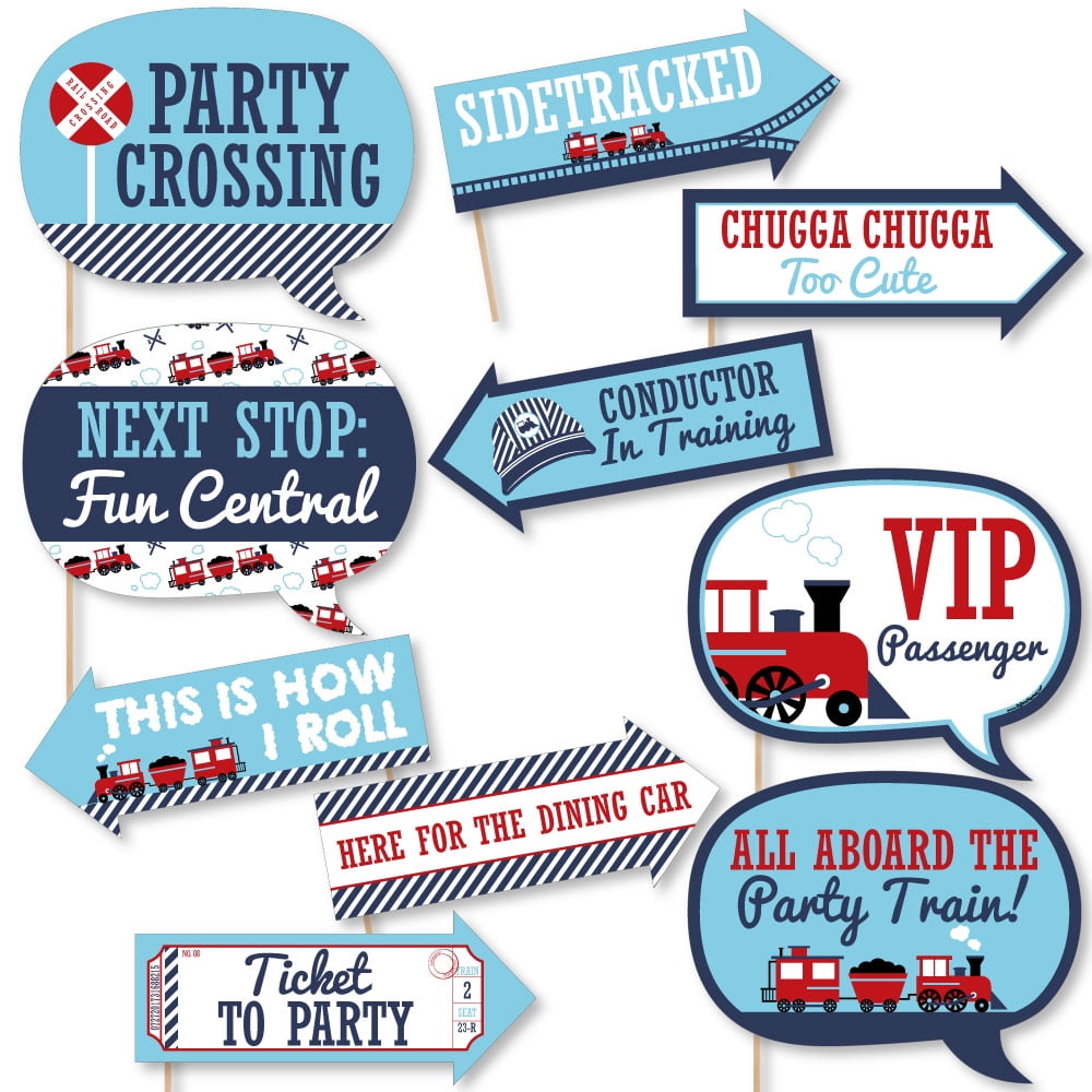 Funny Railroad Party Crossing - Steam Train Birthday Party or Baby Shower Photo Booth Props Kit - 10 Piece
