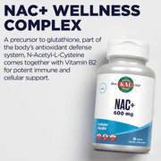 KAL NAC 600 mg Plus Riboflavin (Vitamin B2), N-Acetyl Cysteine NAC Supplement, Cellular Health and Immune Support, Gluten Free, Non-GMO, Rapid Disintegration, 60 Servings, 60 Tablet
