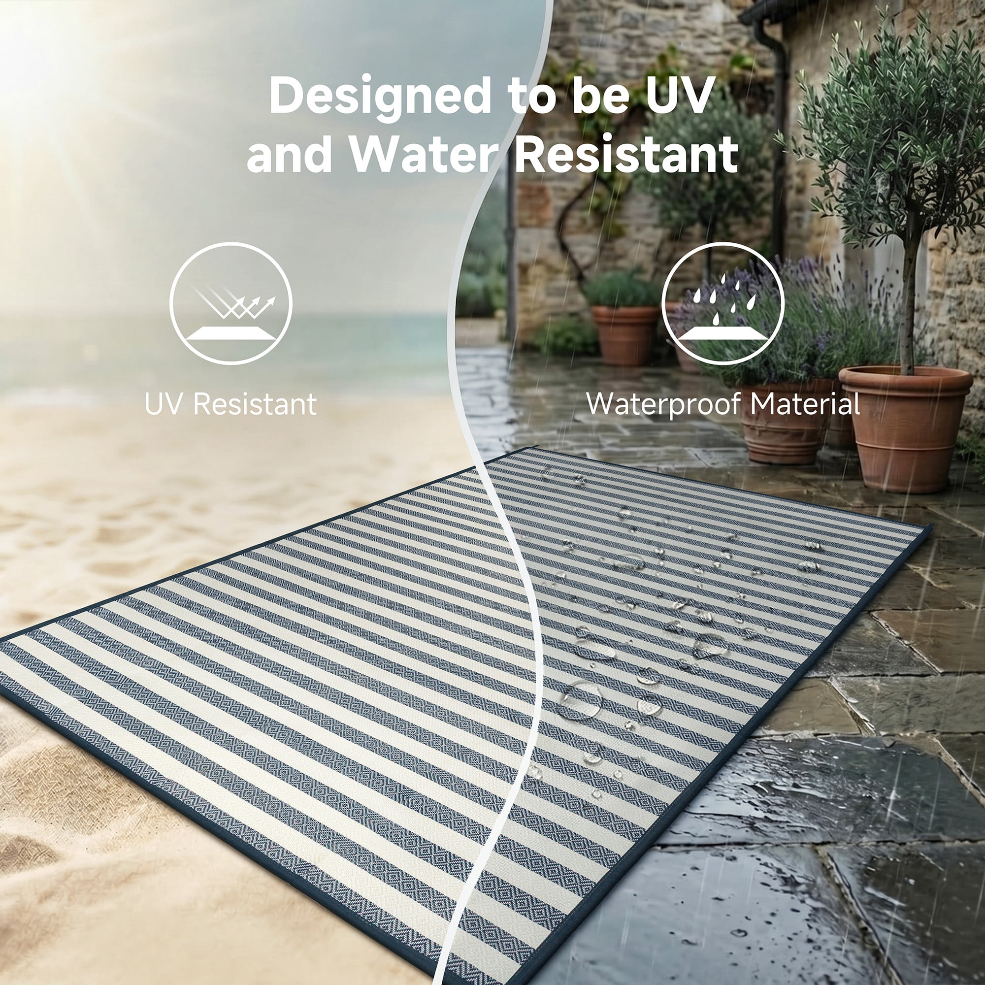 BERTHMEER 8'x10' Outdoor Rug on Sale Clearance,Waterproof Reversible Patio Rug for Deck,RV,Blue Multi White Stripes