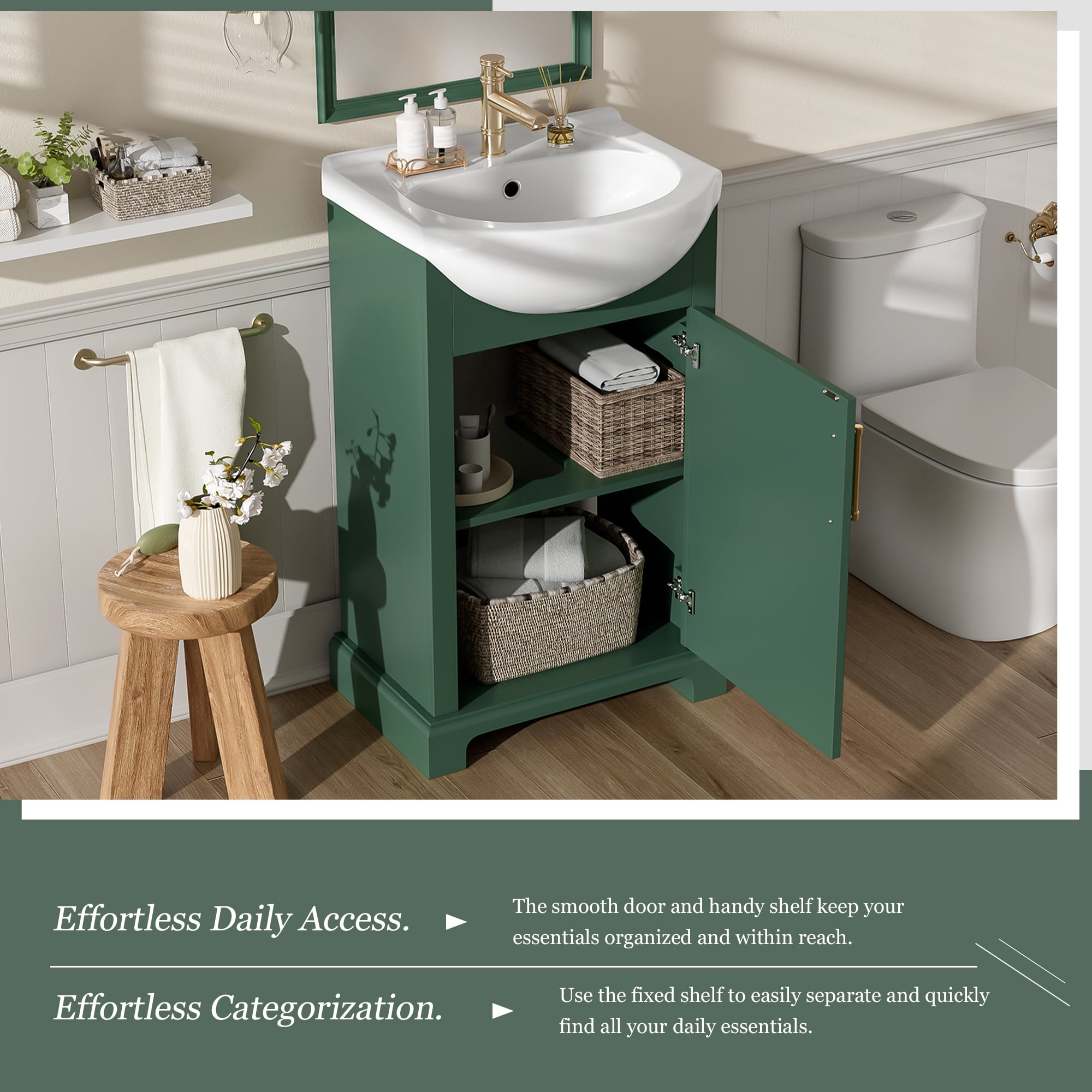 GARITIN Bathroom Vanity 20 Inch, Freestanding Single Vanity Set with Ceramic Sink and Soft Closing Door for Small Bathroom, Green