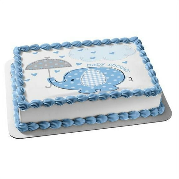 Little Blue Elephant With Umbrella Baby Shower Edible Cake Topper Image ABPID00037 - 1/2 Sheet