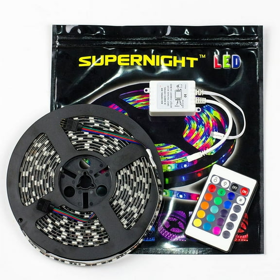 SUPERNIGHT RGB 16.4ft 300LEDs Flexible 5M 60Leds/m SMD 5050 Black PCB LED Strip Light IP65 Waterproof   4-Pin 24Keys IR Remote Controller   DC 12V Power Supply