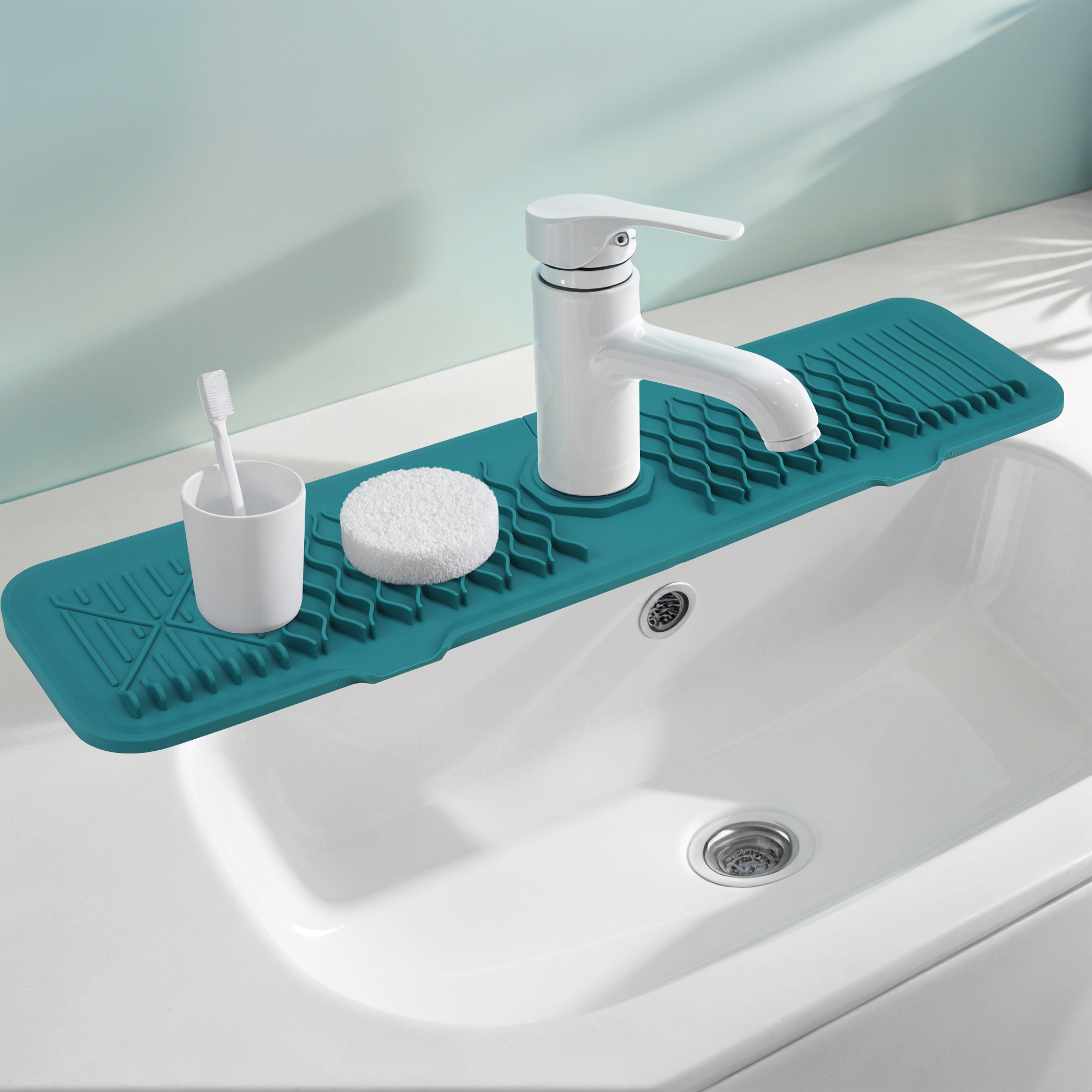 Longer Faucet Mat for Kitchen Sink Splash Guard, Kitchen Sink Mat,  Kitchen Sink Splash Guard, Kitchen Sink Area Behind Faucet Mat Green 24.0*5.7 inch