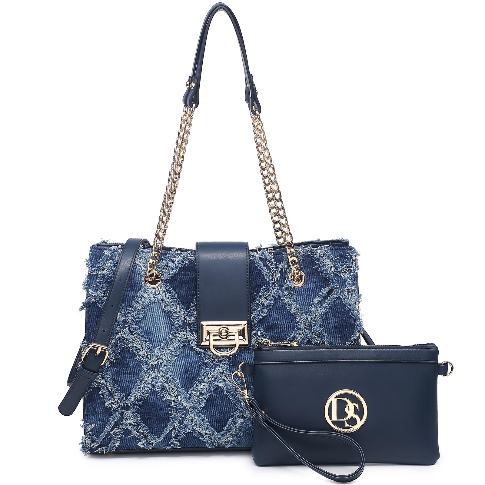 Courrèges Handbag Denim Acrylic Handle Patchwork Denim Kiss Lock 