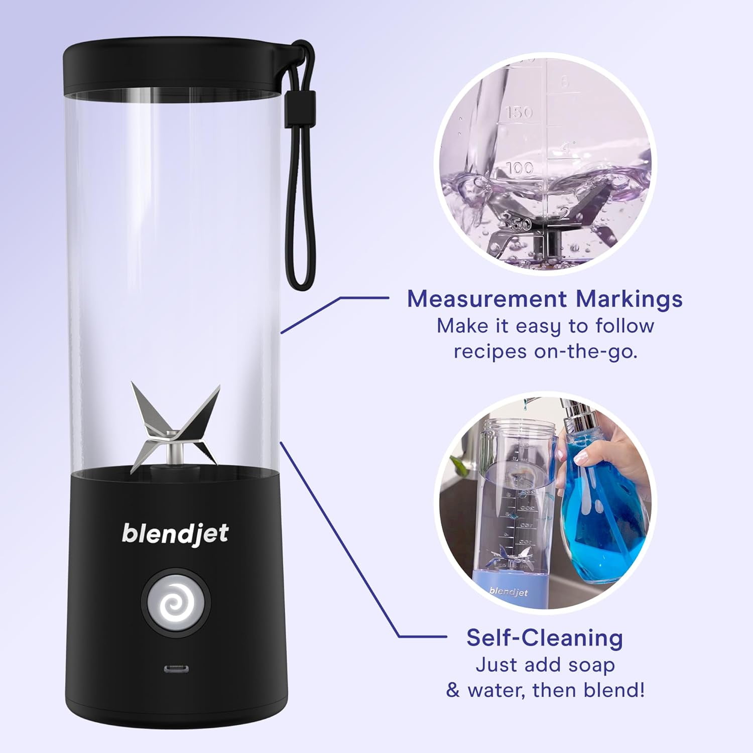 Portable Blender for Smoothies & Shakes - 16oz  Cordless Personal & Small Blender, USB-C Rechargeable & Self Cleaning - Quiet Mini Travel Blender with Stainless Steel Blade (Black)