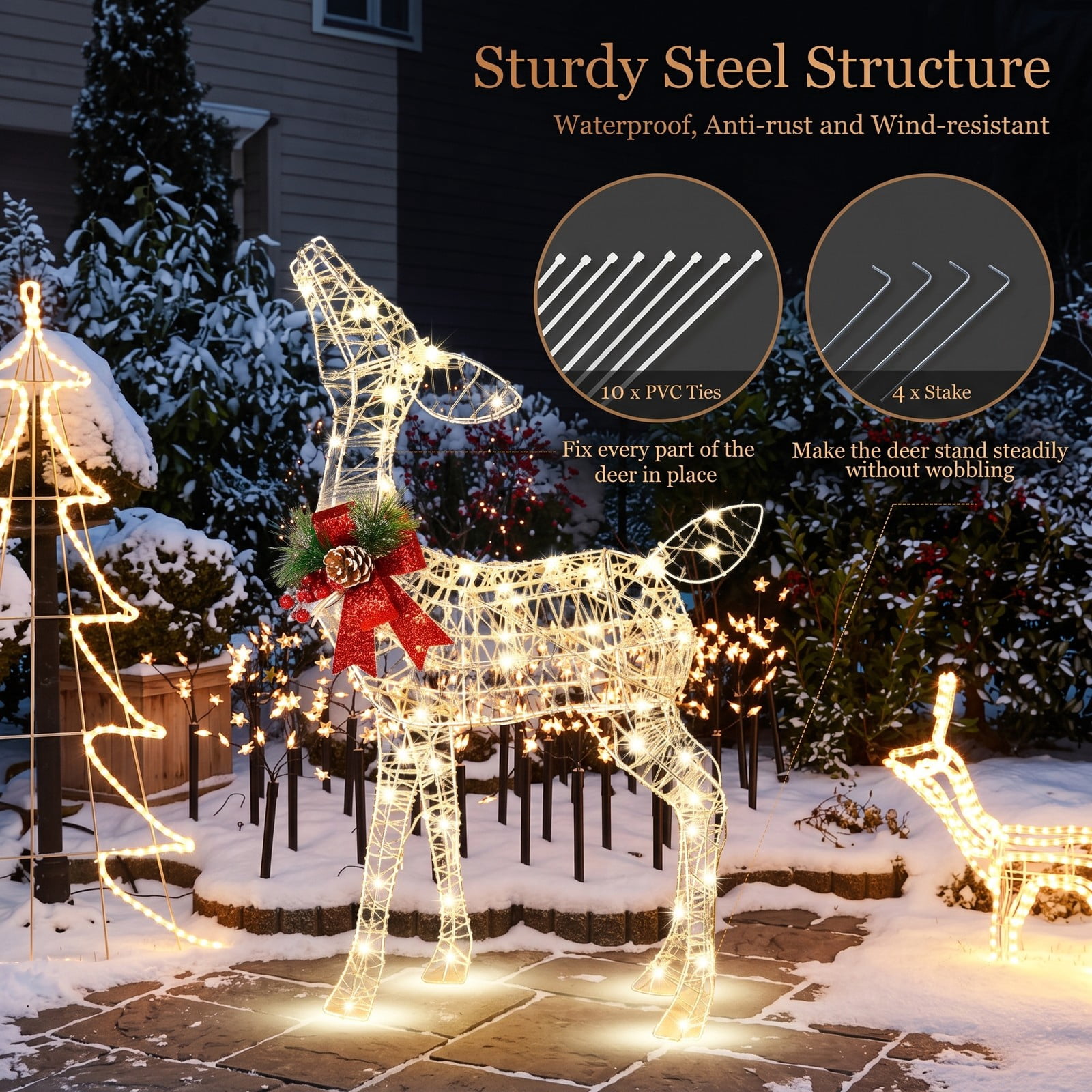RUIE 34.5-inch Lighted Christmas Reindeer Decoration with 50 Warm White LED Lights, Pre-Lit Outdoor Yard Decor, White