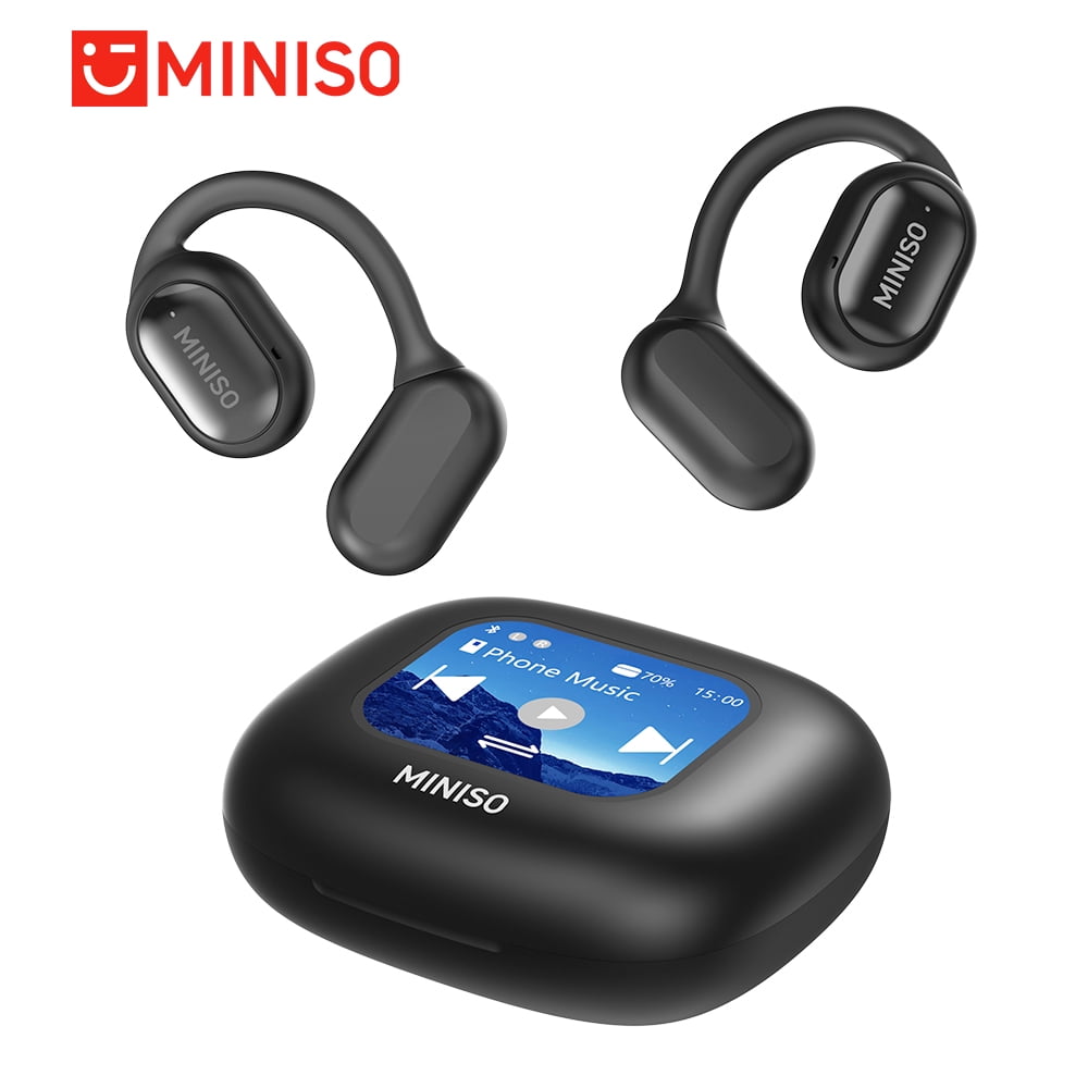 Miniso Open-ear Wireless Earbuds with Smart Touch Screen Case, Bluetooth 6.0, ENC Clear Calls, IPX5 Waterproof, Black